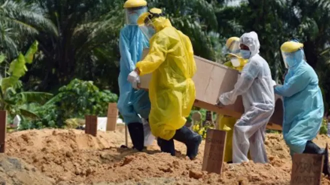 Sejumlah tenaga kesehatan dan penggali kuburan melakukan proses pemakaman dengan protokol kesehatan COVID-19, di Tempat Pemakaman Umum (TPU) Tengku Mahmud Palas, Kota Pekanbaru, Riau, Jumat (4/9/2020).