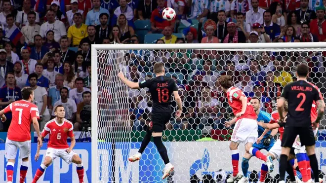 تسديدة على مرمى روسيا واللاعبون يتابعون الكرة