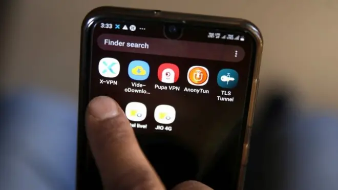 A person connects their mobile phone to Virtual Private Network (VPN) to access social media in Srinagar.