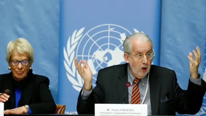 پائولو پینیه‌رو و کارلا دل‌پونته، رئیس و عضو کمیته مستقل تحقیقات درباره سوریه