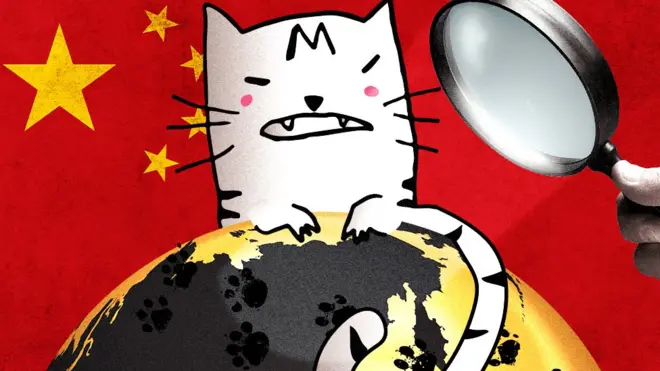 An illustration showing China on the hunt for the cartoon cat, which is peeking over a globe