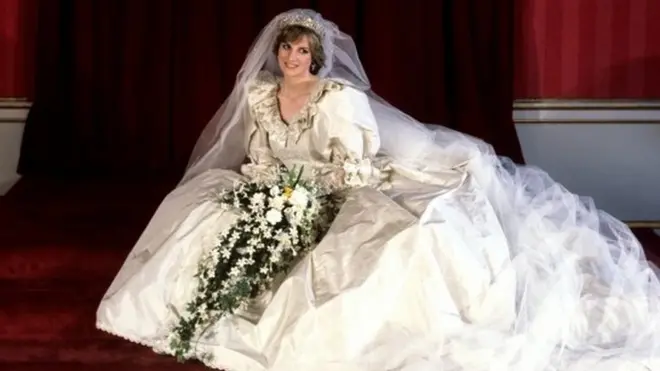 The Princess of Wales wore an elaborate silk taffeta bridal gown for her wedding at St Paul's Cathedral.