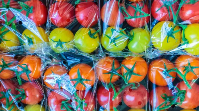 Plastic wrapped tomatoes