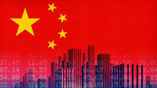 Financial illustration of abstract city and flowing data with national flag.
