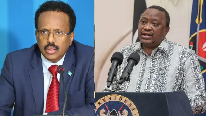 Madaxweyne Farmaajo (bidix) iyo madaxweyne Kenyatta