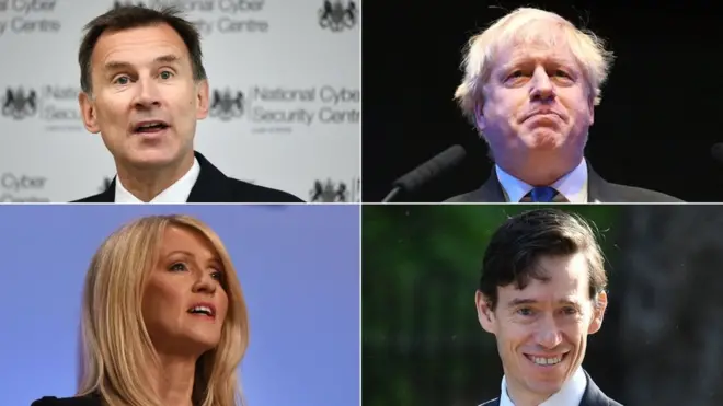 Jeremy Hunt, Boris Johnson, Rory Stewart fi Esther McVey dorgomuuf qophii ta'uu dursanii beeksisaniiru