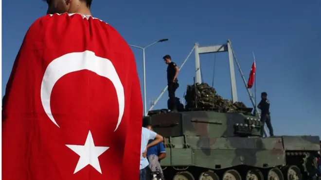 Житель Стамбула празднует победу над путчистами рядом с танком войск, вышедших на защиту президента. Поддержать президента пришлось и тем, кто на самом деле недоволен его политикой