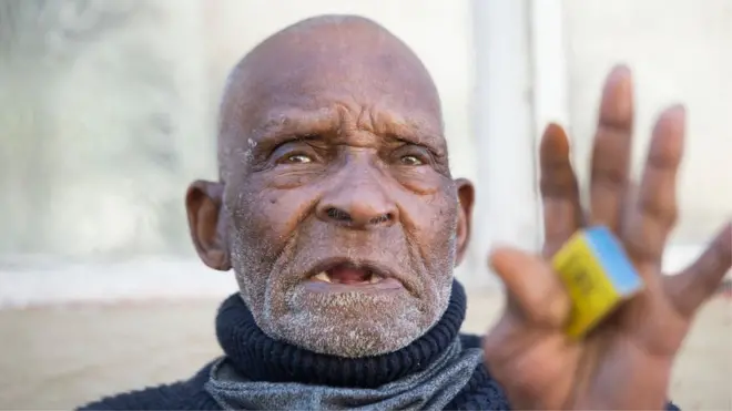 Fredie Blom, pictured on his 116th birthday at his home in Delft, near Cape Town (8 May 2020)