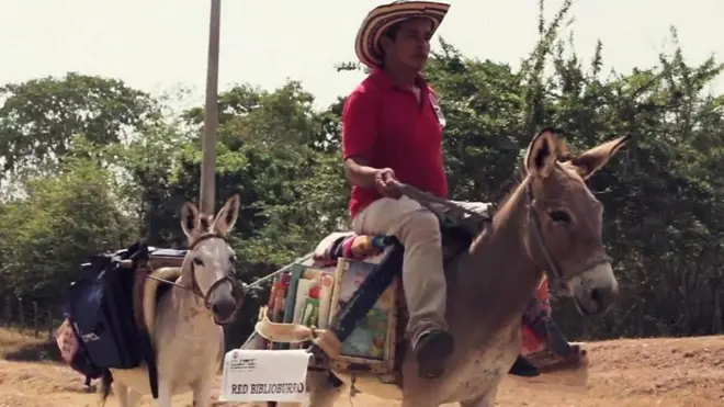 معلم ينشر ثقافة القراءة على ظهر حمارين