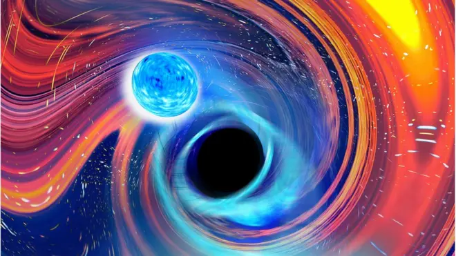 Artists impression of a neutron star being sucked into a black hole