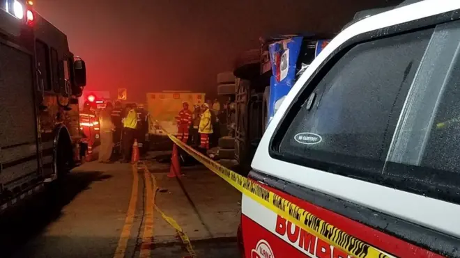 The bus was lying on its side when the emergency services arrived