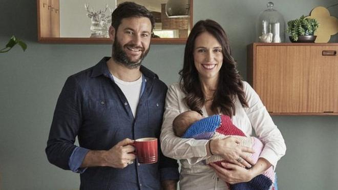 Prime Minister Jacinda Ardern and partner Clarke Gayford pose with their baby daughter Neve Gayford