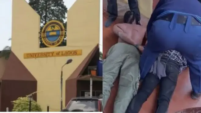 Collage of Unilag second gate and screenshot from viral video