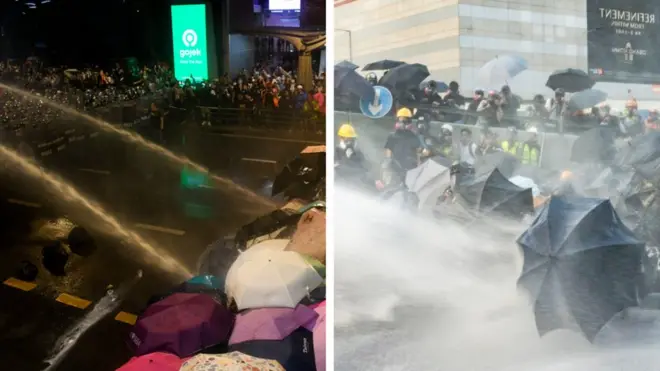 Protesters shield themselves from police water cannons in Bangkok (L) and Hong Kong (R)