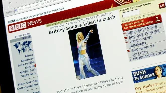 Фейкова новина про смерть Брітні Спірс на фейковому сайті BBC NEWS