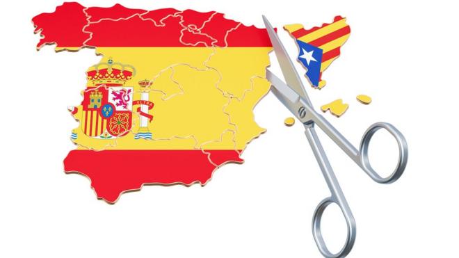 Mapa de España cortando a Cataluña, cada no con sus banderas