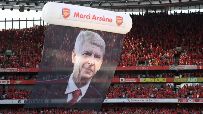 Preparations are made for Arsene Wenger"s farewell after the Premier League match between Arsenal and Burnley at Emirates Stadium on May 6, 2018 in London