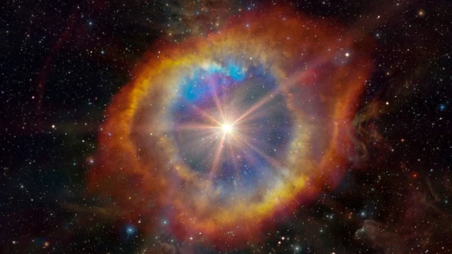 ภาพจากฝีมือศิลปินจำลองเหตุการณ์ดาวฤกษ์ระเบิดภายในเนบิวลา "ดวงตาของพระเจ้า" หรือฮีลิกซ์เนบิวลา (Helix Nebula)