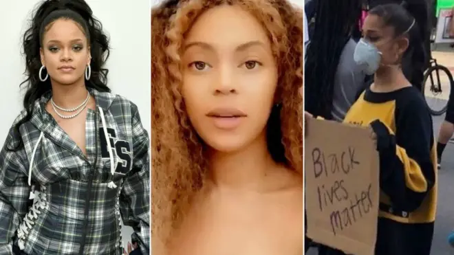 Rihanna and Beyoncé dey call for justice for George Floyd, while Ariana Grande join di protests LA