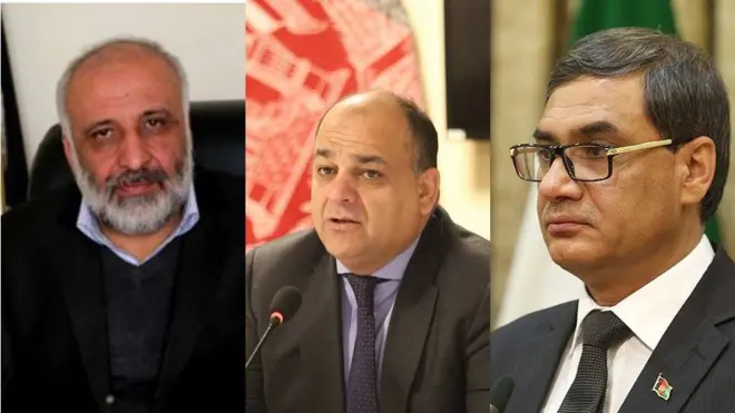 محمد اشرف غني د ملي دفاع وزیر طارق شاه بهرامي (ښی)، کورنیو چارو وزیر ویس برمک (منځنی) او د ملي امنیت ادارې مشر معصوم ستانکزي غوښتي وو چې استعفا ورکړي.