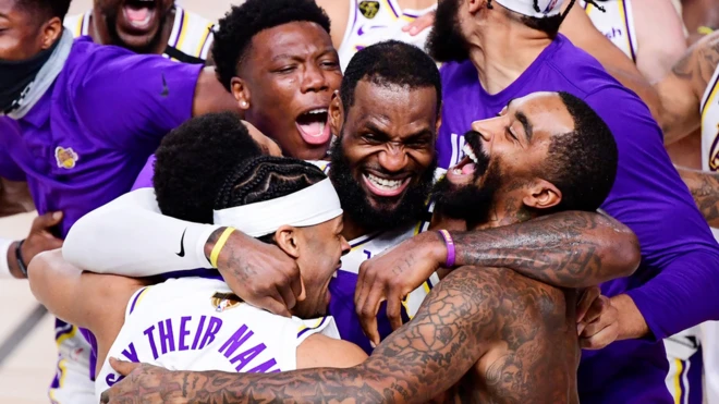 LeBron James and Lakers players celebrate