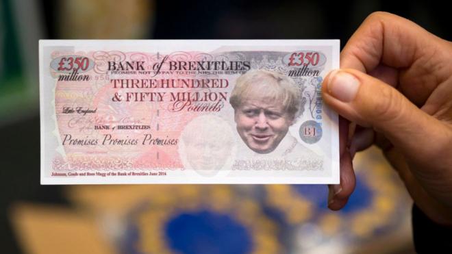 A spoof banknote depciting UK Prime Minister Boris Johnson during the Green Party Autumn Conference on October 4, 2019 in Newport, Wales. The Green Party gained nearly 200 new councillors during the local elections in May, taking the number to 362 councillors on 122 councils, and saw its number of MEPs rise from three to seven. The party opposes Brexit and supports a second referendum. (Photo by Matthew Horwood/Getty Images)