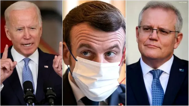 అమెరికా అధ్యక్షుడు జో బైడెన్, ఫ్రాన్స్ అధ్యక్షుడు ఇమ్మానుయేల్ మేక్రాన్, ఆస్ట్రేలియా ప్రధాని స్కాట్ మారిసన్