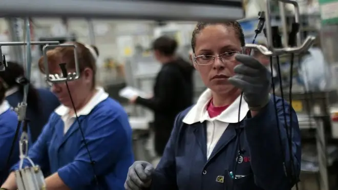 Workers in the auto parts production line of the Bosch factory in San Luis Potosi, Mexico