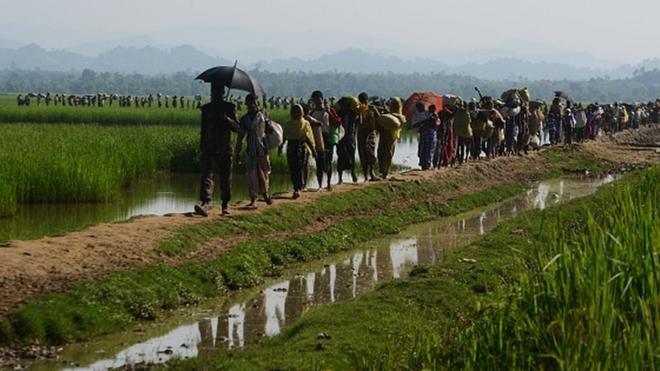 Refugiados muçulmanos rohingya saem de Mianmarpara Bangladesh, em 3 de novembro de 2017