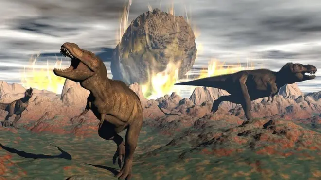 ఉల్కాపాతం నుంచి ప్రాణభయంతో పరుగులు తీస్తున్న డైనోసర్ల చిత్రం