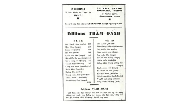 Quảng cáo trên bìa sau của bài ca "Trên đường vắng" (Hanoi: Éditions Thẩm Oánh, 1941)