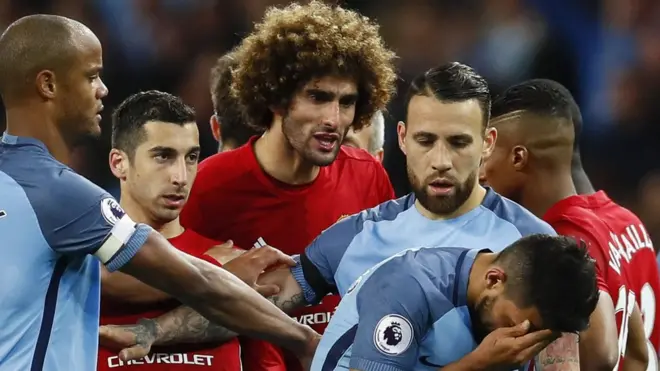Manchester United midfielder Marouane Fellaini was sent off for headbutting Manchester City forward Sergio Aguero