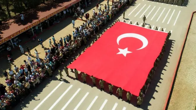 An aerial view of Turkish soldiers parading with a massive Turkish flag