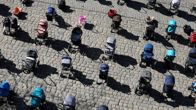 Prams lined up outside Lviv city council