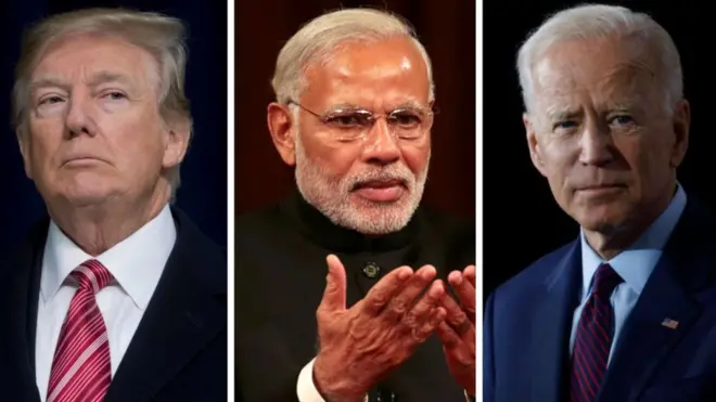 A composite image of US President Donald Trump, Indian Prime Minister Narendra Modi and US presidential candidate Joe Biden
