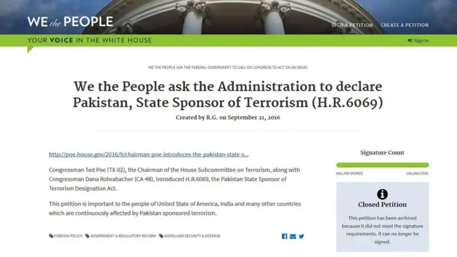 پٹیشن میں کہا گیا ہے کہ پاکستان کو امریکی حکومت ایک دہشتگرد یا دہشتگردی کی کفیل ریاست قرار دے