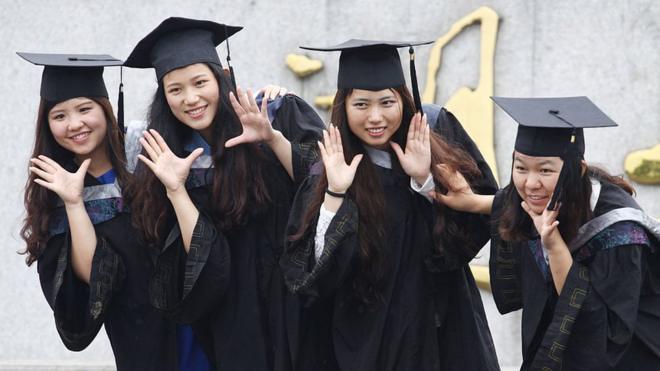 Chinese women pose for graduation photo