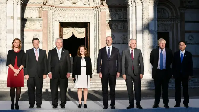 Avrupa Birliği Dışişleri ve Güvenlik Politikaları Yüksek Temsilcisi Federica Mogherini, Almanya Dışişleri Bakanı Sigmar Gabriel, ABD Dışişleri Bakanı Rex Tillerson, Kanada Dışişleri Bakanı Chrystia Freeland, İtalya Dışişleri Bakanı Angelino Alfano, Fransa Dışişleri Bakanı Jean-Marc Ayrault, İngiltere Dışişleri Bakanı Boris Johnson ve Japonya Dışişleri Bakanı Fumio Kishida