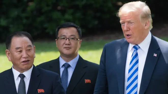 김영철 북한 노동당 부위원장(왼쪽)과 도널드 트럼프 미국 대통령