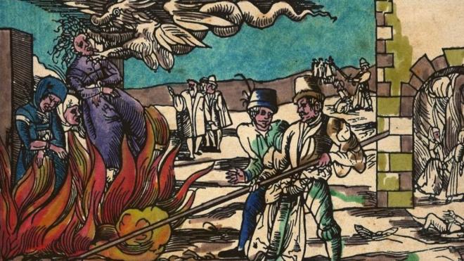 Witches burn at the stake in this German illustration from the 16th century