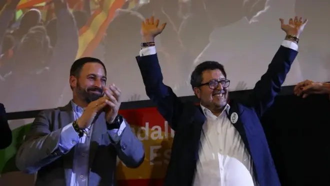 Vox's leader Santiago Abascal (l) and regional candidate Francisco Serrano celebrated their win on Sunday