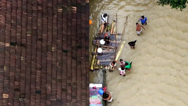 İnsanlar suyun üzerinde kalmak için raft yaptı