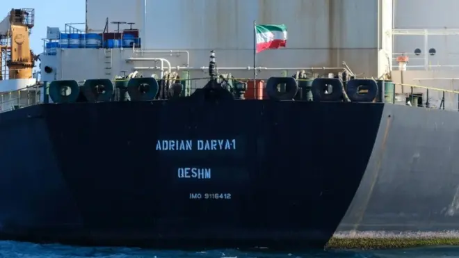 An Iranian flag flutters on board the Adrian Darya oil tanker, formerly known as Grace 1, off the coast of Gibraltar on August 18, 2019