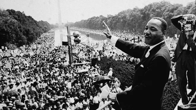Martin Luther King Jr. (1929-1968) addresses a crowd at the March On Washington D.C, 28th August 1963.