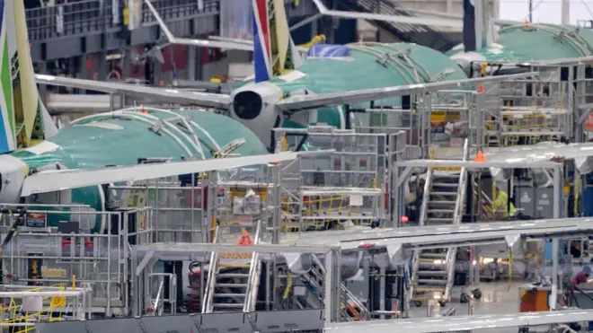 A 737 MAX production line inside the Boeing factory is pictured on December 16, 2019 in Renton, Washington