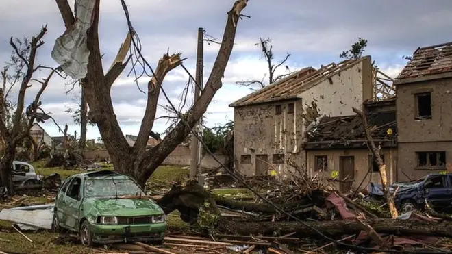 A view of damage after a tornado hit in Mikulcice, Czech Republic, 25 June 2021.