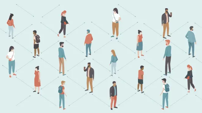 Dibujo de personas guardando distanciamiento social