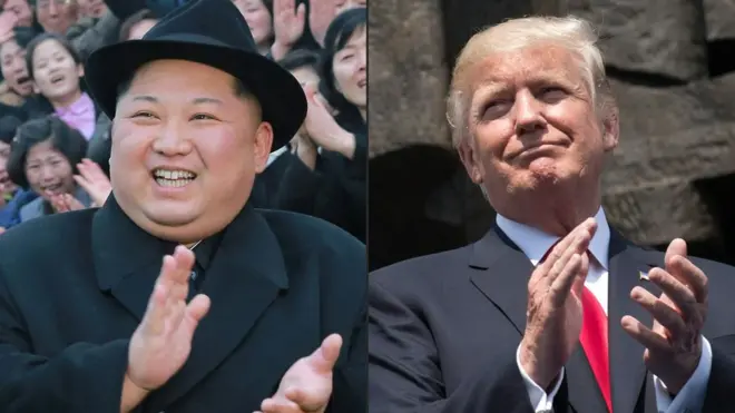 Pertemuan dengan Kim Jong-un (kiri) akan berlangsung di Singapura, kata Donald Trump (kanan).
