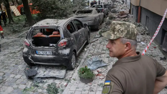 A view shows a site of a residential building hit by a Russian missile strike