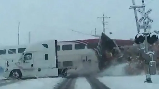 Truck and train collide